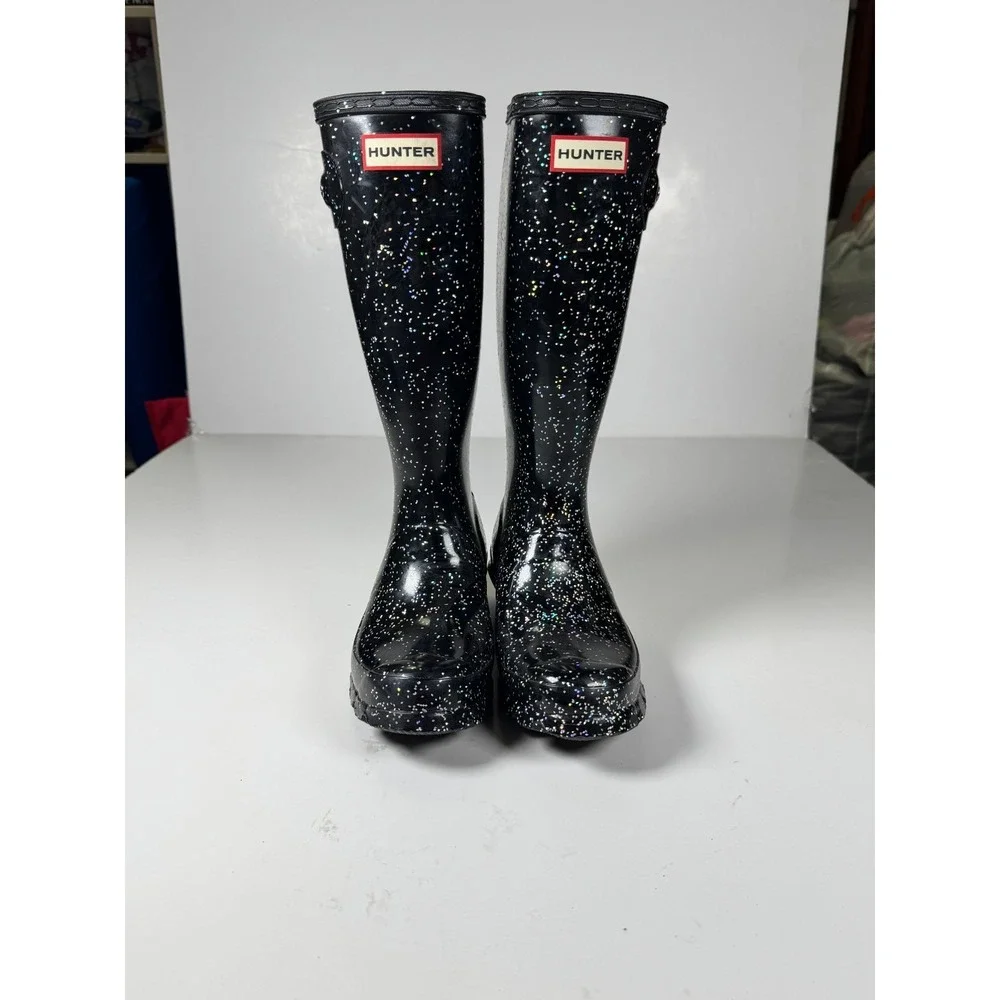 Hunter Girls US 4B Black Giant Glitter Round Toe Pull On Mid Calf Rain Boots